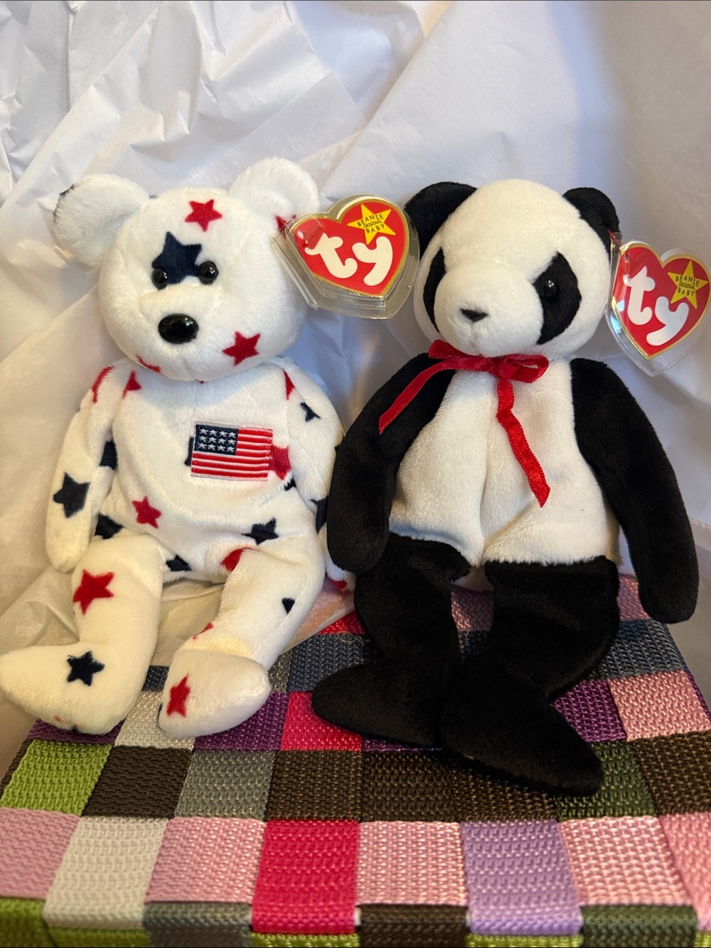 Ty Patriotic Star Bear & Ty Black-White Panda Plush Set